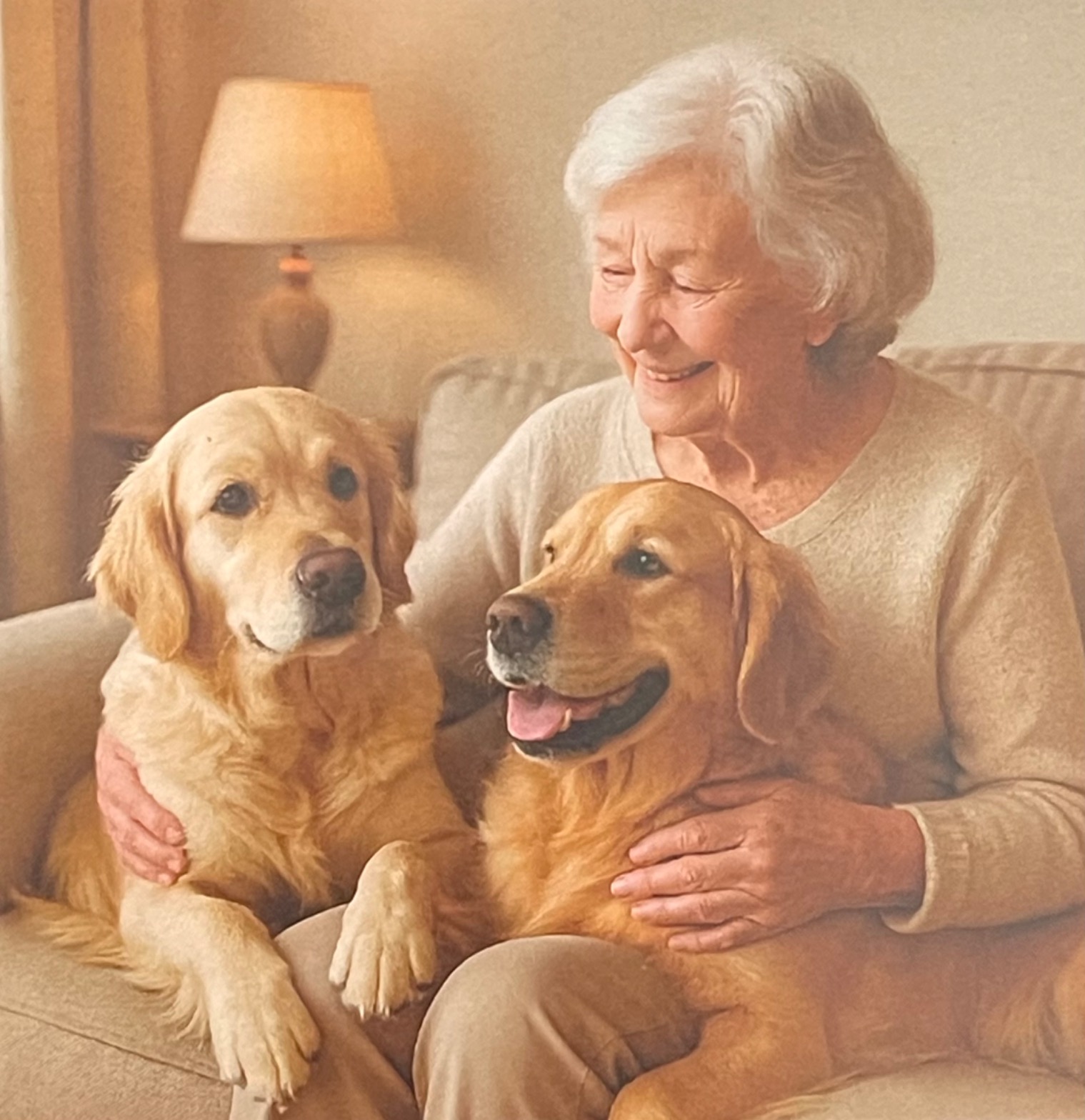Elderly woman with golden retrievers in a comfortable home setting